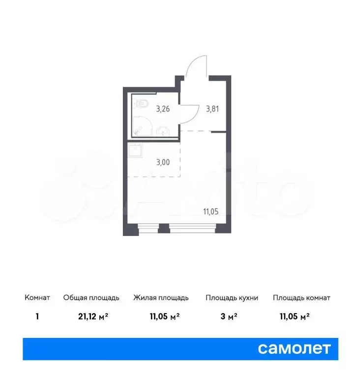 Квартира-студия, 21,1 м, 2/17 эт. - Фото 0