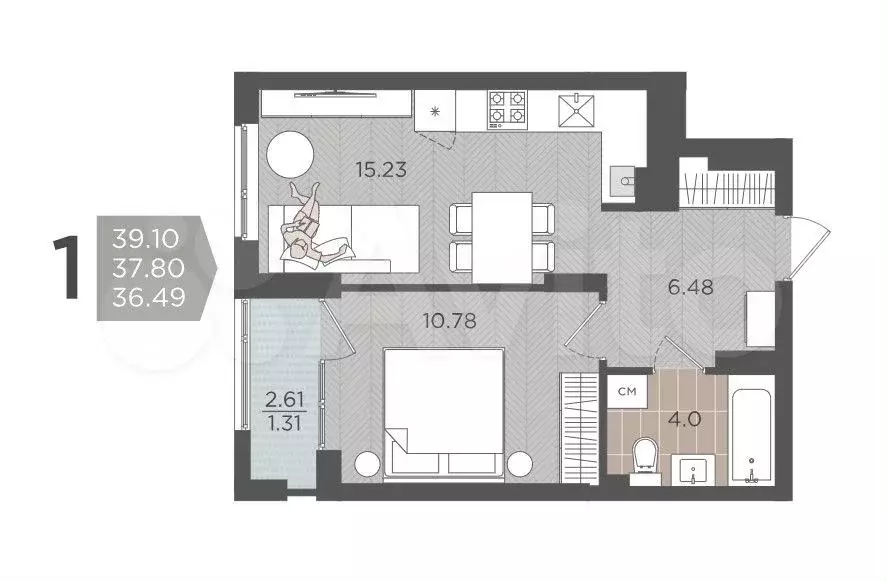 1-к. квартира, 39,1 м, 3/9 эт. - Фото 1