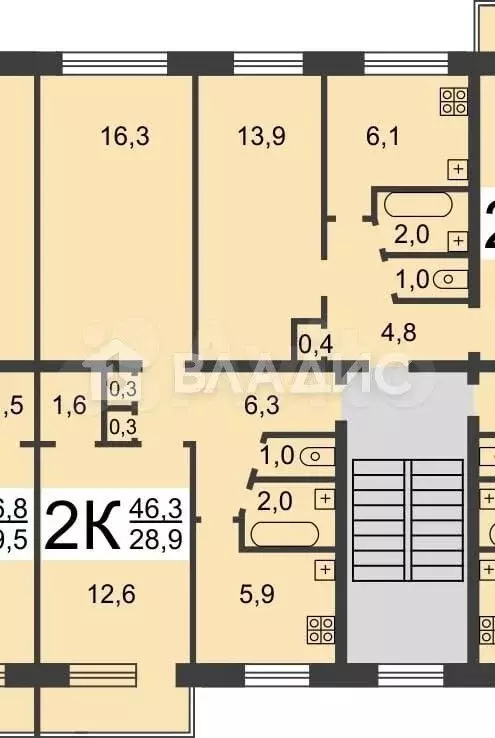 2-к. квартира, 46,5 м, 2/5 эт. - Фото 0
