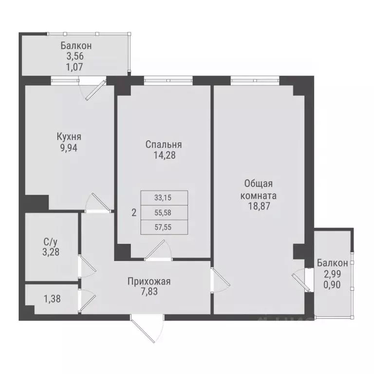 2-к кв. Саха (Якутия), Якутск Парк Победы жилой комплекс (57.55 м) - Фото 1