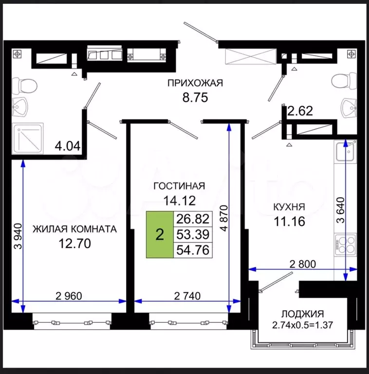 2-к. квартира, 53,7 м, 13/25 эт. - Фото 1