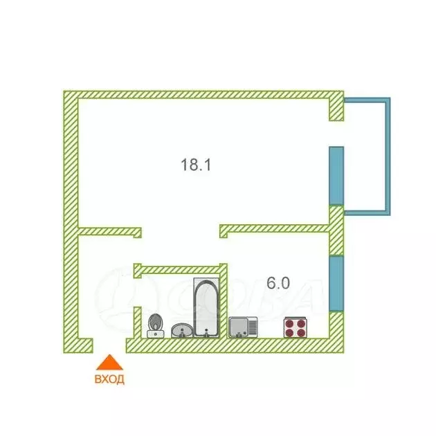 1-комнатная квартира: Тюмень, улица Революции, 1А (30.4 м) - Фото 1