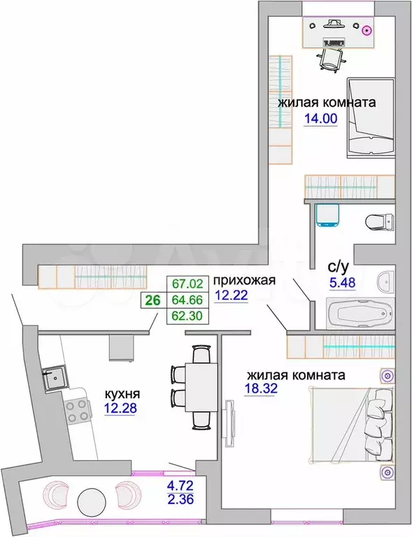 2-к. квартира, 67 м, 7/9 эт. - Фото 1