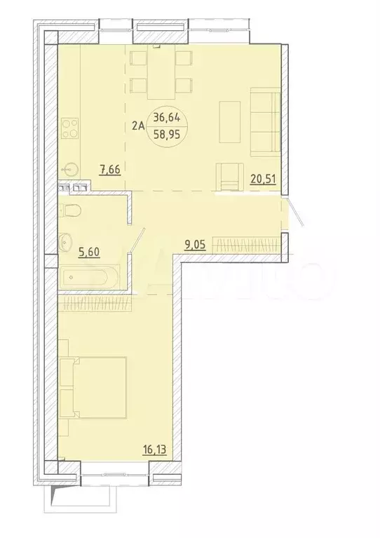 2-к. квартира, 59 м, 1/4 эт. - Фото 0