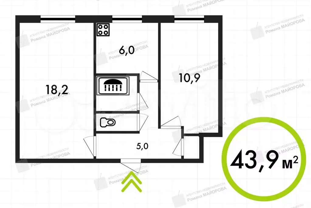 2-к. квартира, 43,9 м, 1/2 эт. - Фото 0