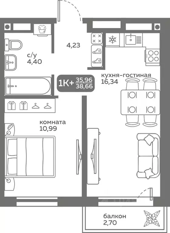 1-к кв. Тюменская область, Тюмень ул. Вадима Бованенко, 10 (35.96 м) - Фото 0