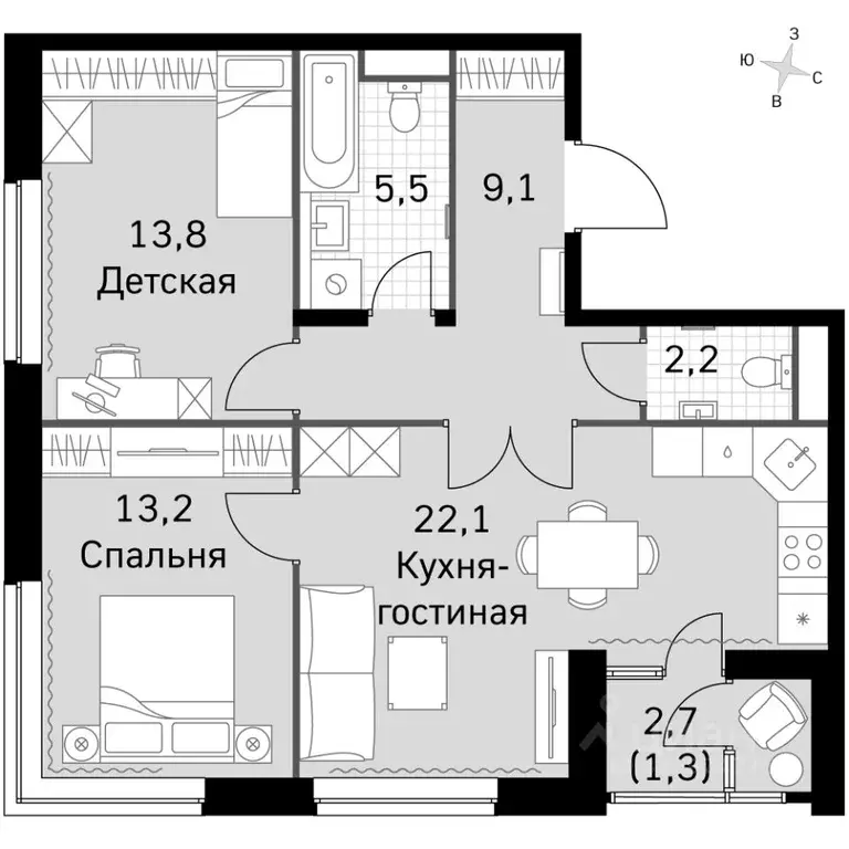 3-к кв. Москва Строительный проезд, 9 (66.4 м) - Фото 2