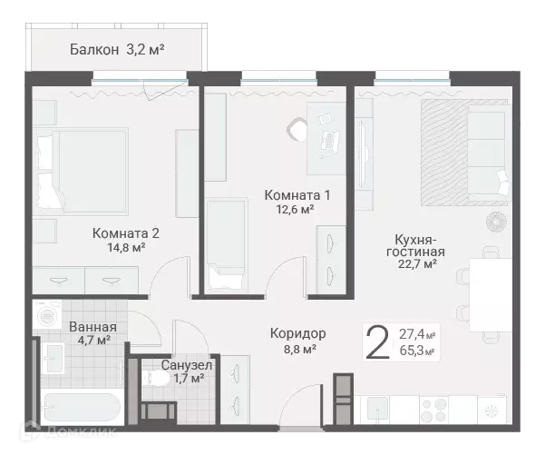 Продаётся 2-к квартира, 65.3 м - Фото 0