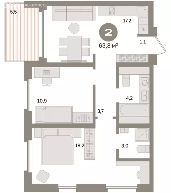 2-комнатная квартира: Екатеринбург, улица Советских Женщин (63.9 м) - Фото 2