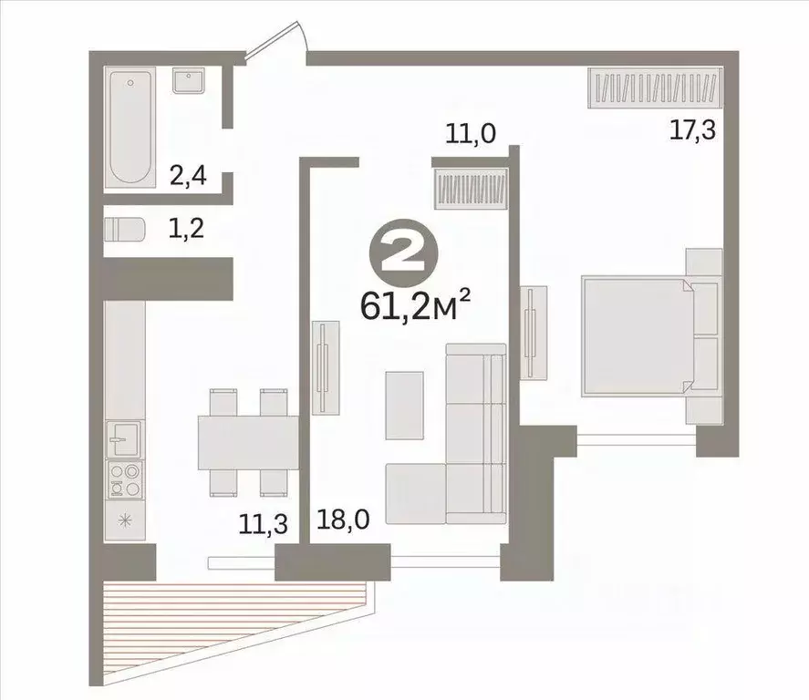 Квартира, 2 комнаты, 60.2 м - Фото 2