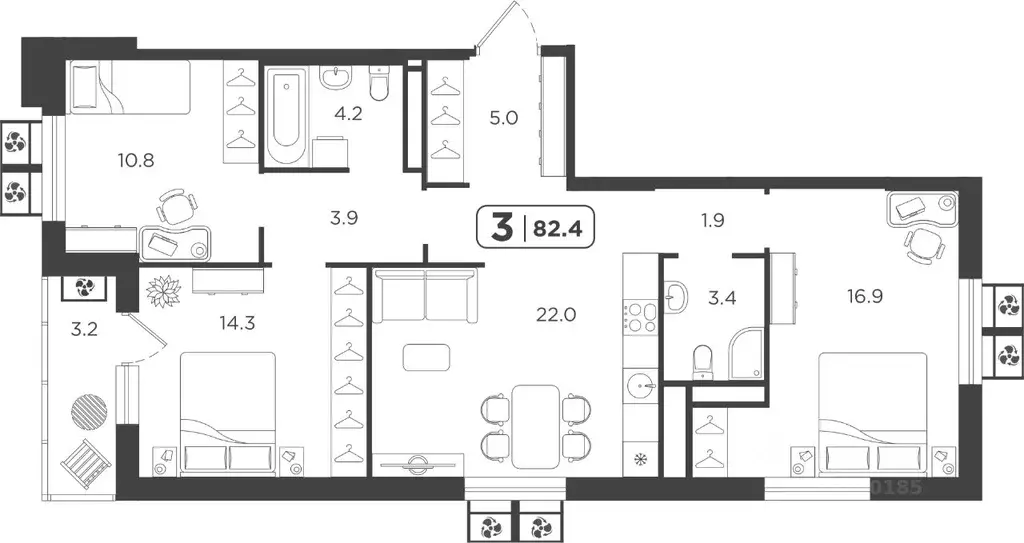 3-к кв. Тюменская область, Тюмень  (82.48 м) - Фото 0