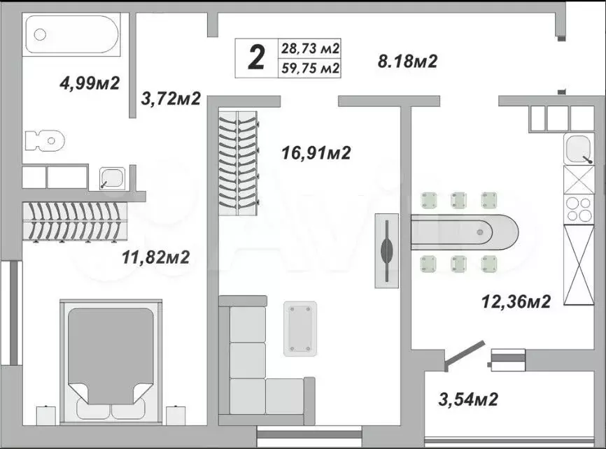 2-к. квартира, 60 м, 10/25 эт. - Фото 1