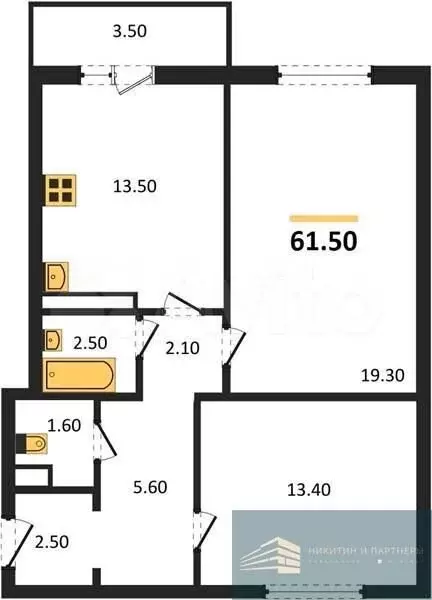 2-к. квартира, 61,5 м, 8/10 эт. - Фото 0