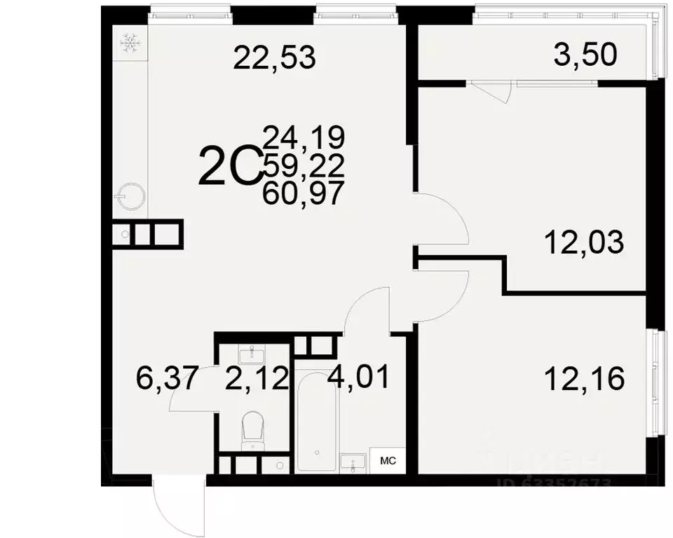 2-к кв. Рязанская область, Рязань ул. Бирюзова (59.22 м) - Фото 0