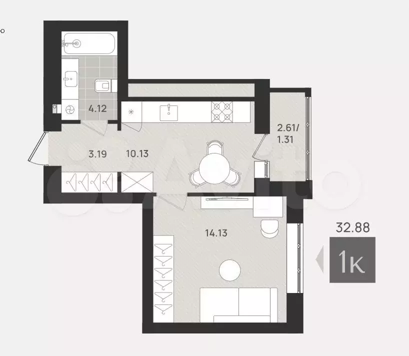 1-к. квартира, 32,9 м, 7/9 эт. - Фото 1