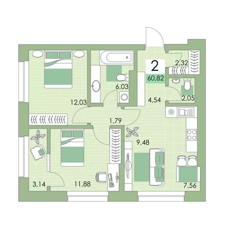 2-к квартира, 60.2 м - Фото 0
