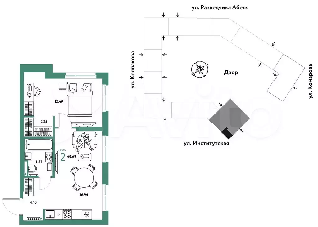 2-к. квартира, 40,7 м, 8/25 эт. - Фото 0