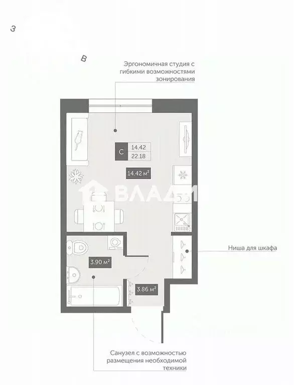 Студия Санкт-Петербург ул. Матроса Железняка, 1А (22.2 м) - Фото 1