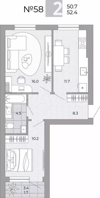 2-к. квартира, 52,4 м, 1/4 эт. - Фото 0