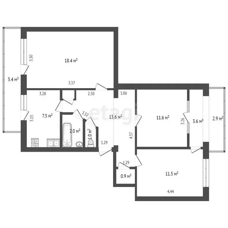 3-комнатная квартира: Мирный, Школьная улица, 13 (65.5 м) - Фото 1