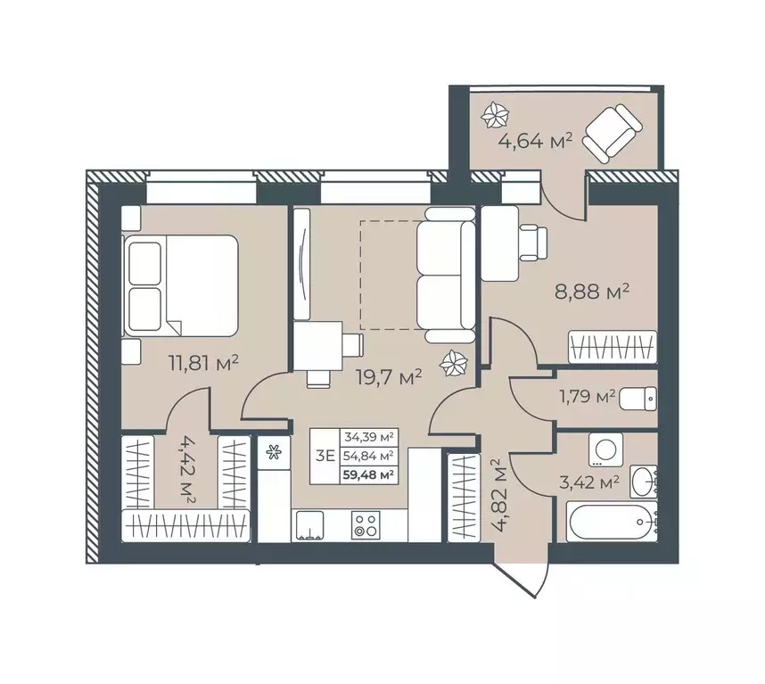 3-к кв. Тульская область, Узловая  (59.48 м) - Фото 1