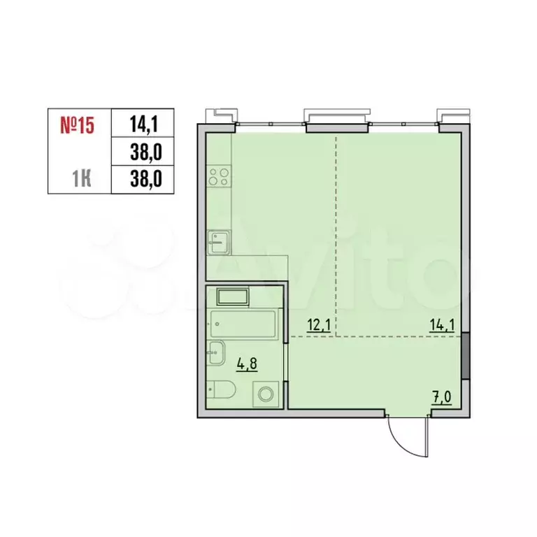 1-к. квартира, 37,9 м, 4/9 эт. - Фото 0