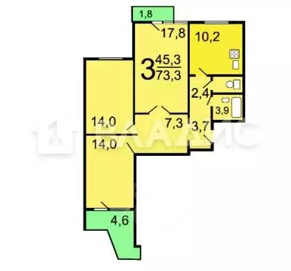 3-к кв. Москва ул. Маршала Катукова, 21К1 (75.2 м) - Фото 1