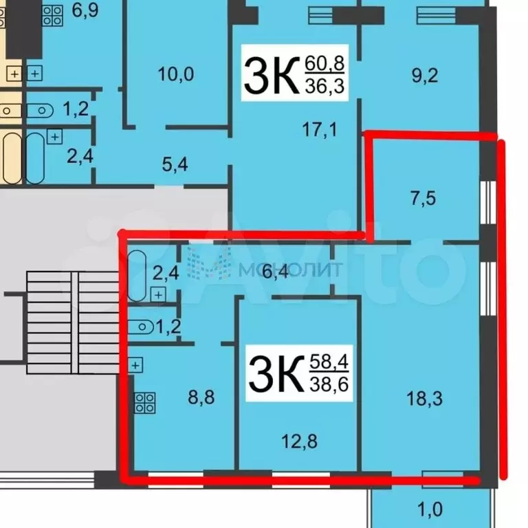 3-к. квартира, 58,4 м, 3/5 эт. - Фото 0