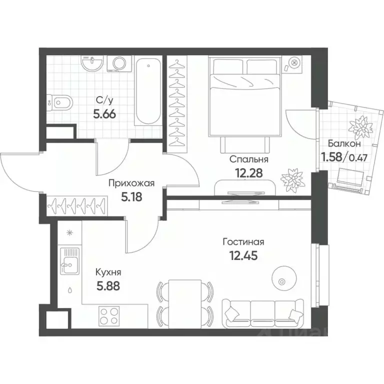 2-к кв. Татарстан, Казань Счастье в Казани жилой комплекс (41.9 м) - Фото 1
