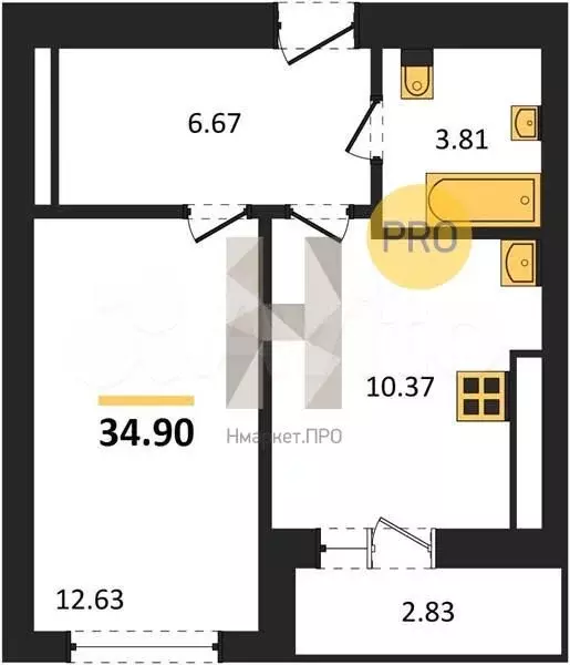 1-к. квартира, 34,9 м, 6/9 эт. - Фото 1