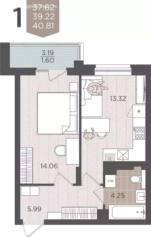 1-комнатная квартира: Калининград, Батальная улица, 65А (39.22 м) - Фото 1