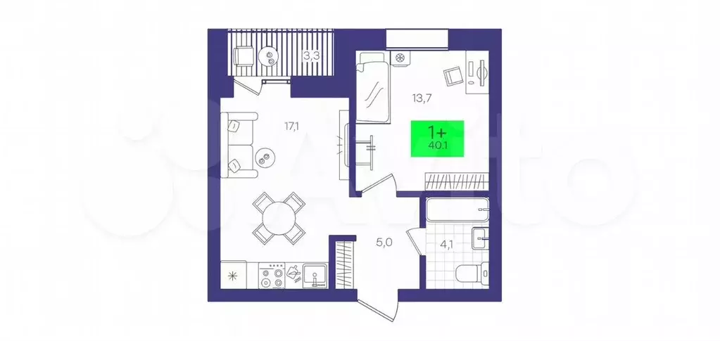 1-к. квартира, 40,1 м, 9/9 эт. - Фото 1