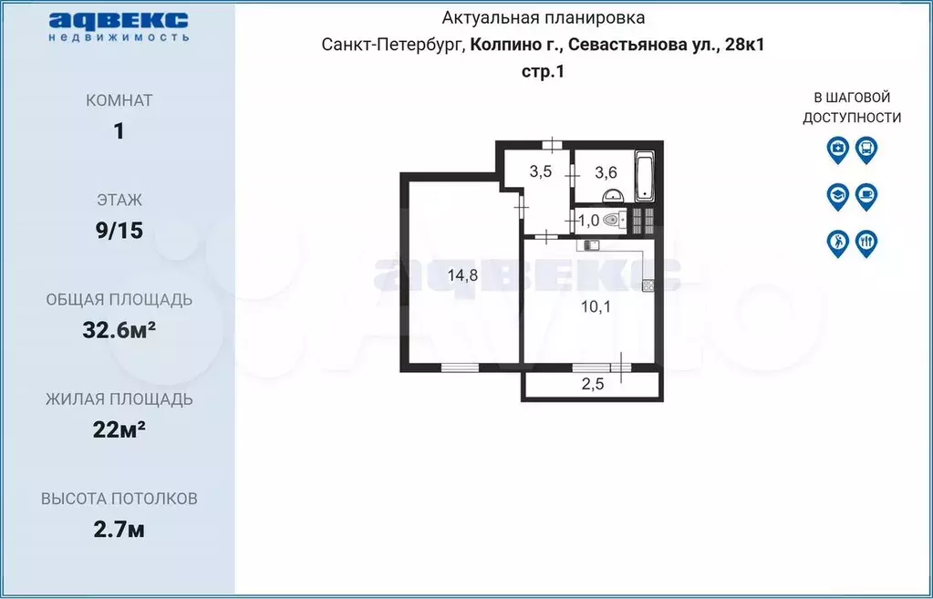 1-к. квартира, 32,6 м, 9/15 эт. - Фото 0