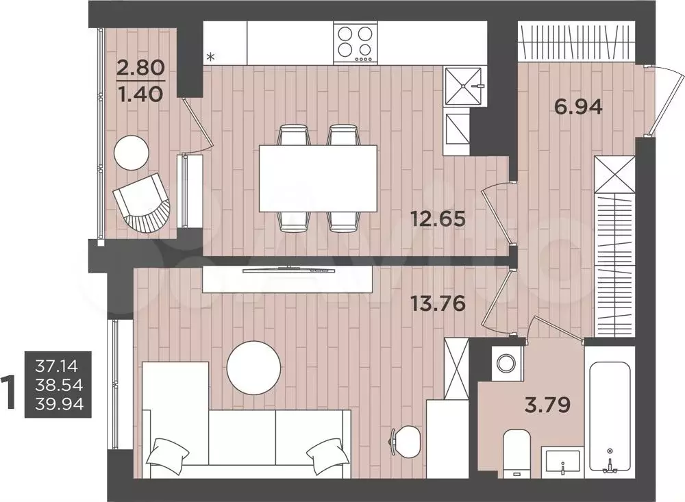 1-к. квартира, 39,9 м, 8/9 эт. - Фото 0