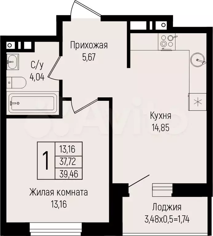 1-к. квартира, 39,5 м, 6/15 эт. - Фото 0