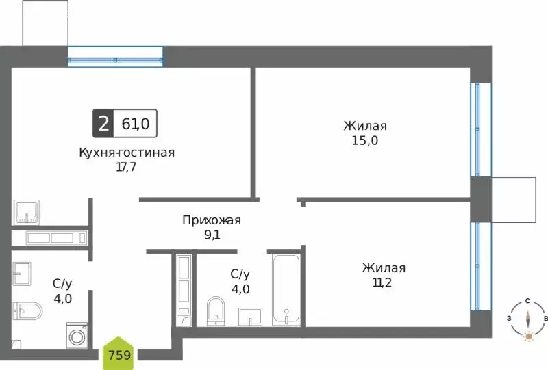 2-комнатная квартира: Красногорск, микрорайон Чернево-2 (61 м) - Фото 1