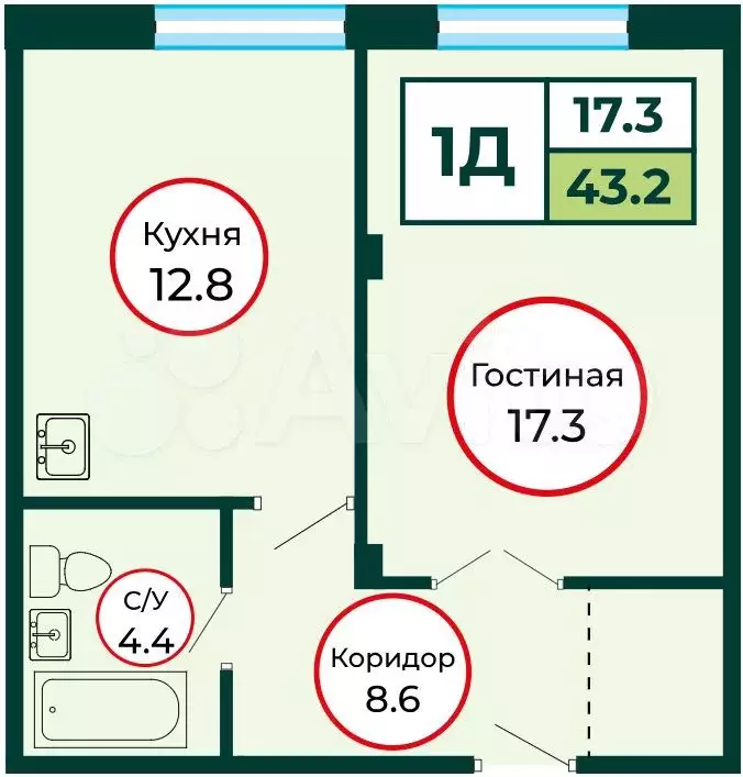 1-к. квартира, 43,2 м, 1/8 эт. - Фото 0