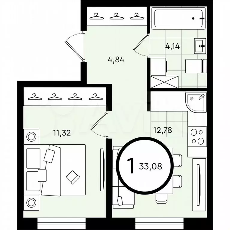 1-к. квартира, 33,1м, 3/4эт. - Фото 0