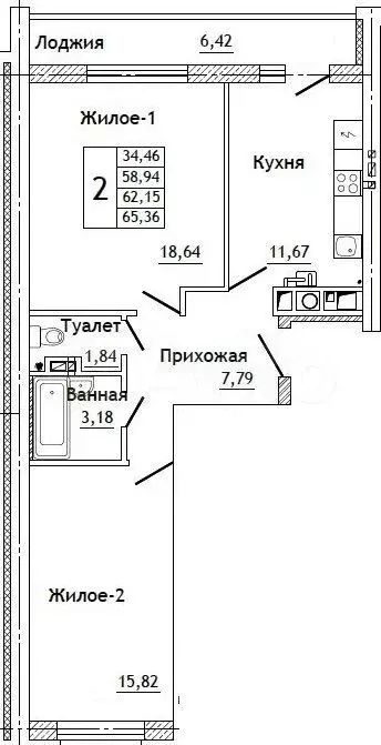 2-к. квартира, 65,4 м, 7/10 эт. - Фото 0