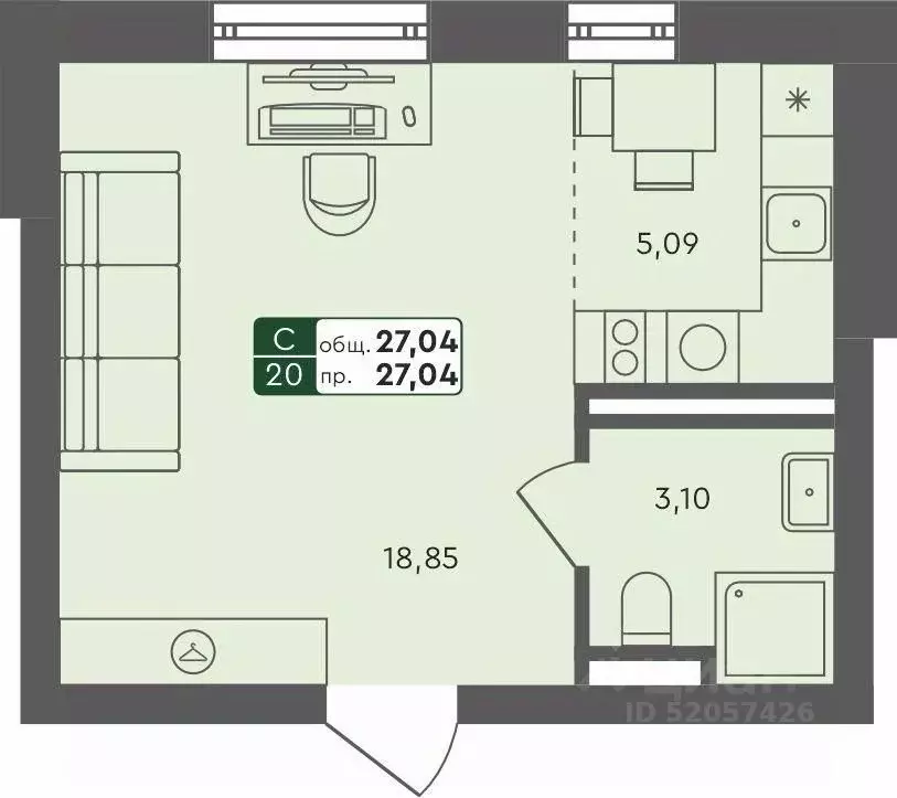Студия Ямало-Ненецкий АО, Ноябрьск ул. Новоселов, 7В (27.04 м) - Фото 1