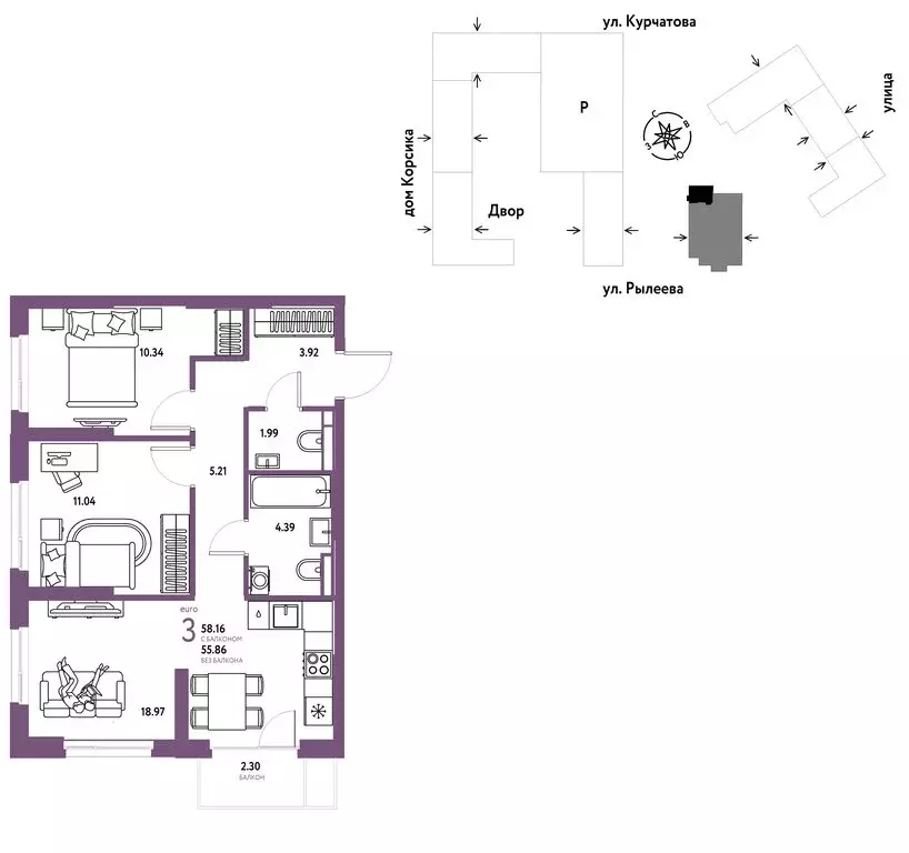 3-комнатная квартира: Тюмень, Краснооктябрьская улица, 10к2 (58.16 м) - Фото 0