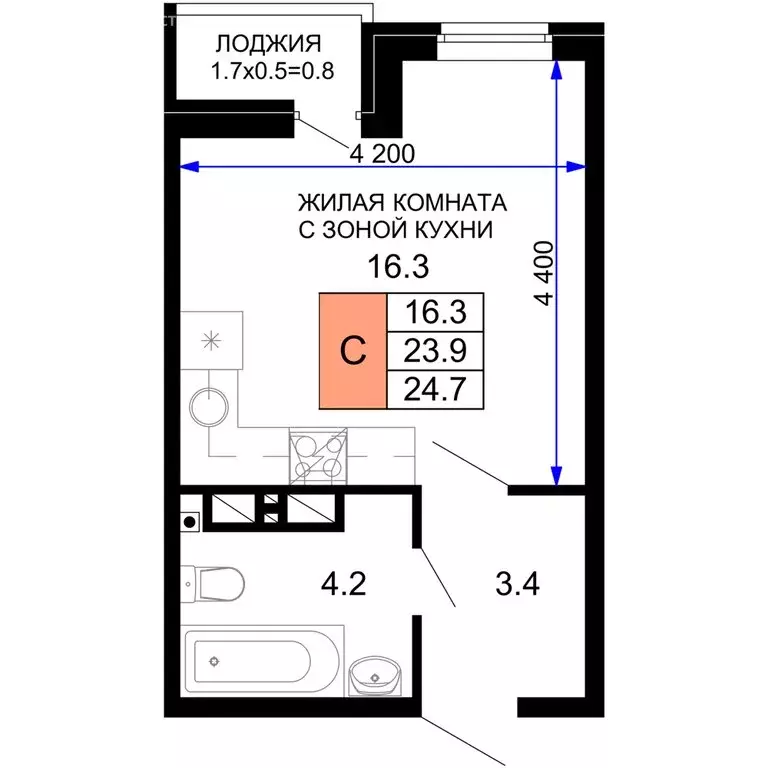 1-комнатная квартира: Краснодар, жилой комплекс Дыхание (24.7 м) - Фото 0