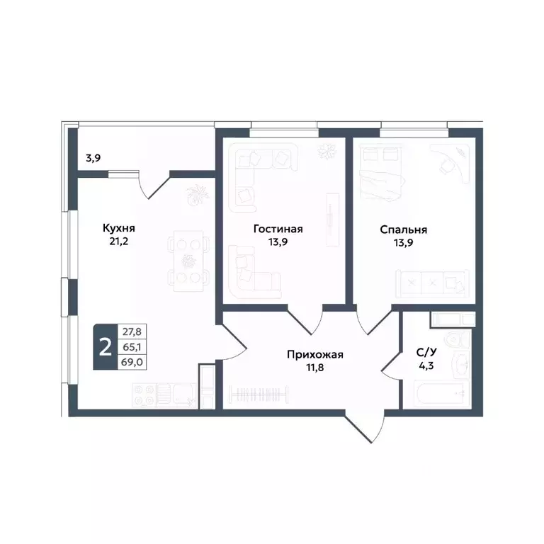 2-к кв. Ставропольский край, Ставрополь ул. Андрея Голуба, 11Б (69.0 ... - Фото 1