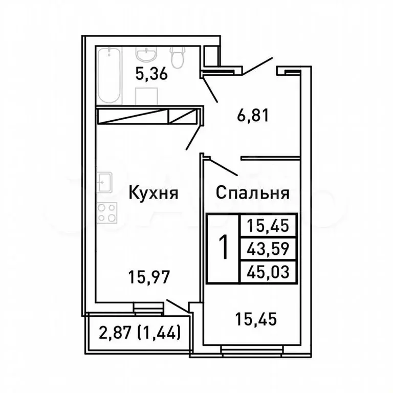 1-к. квартира, 45м, 21/25эт. - Фото 0