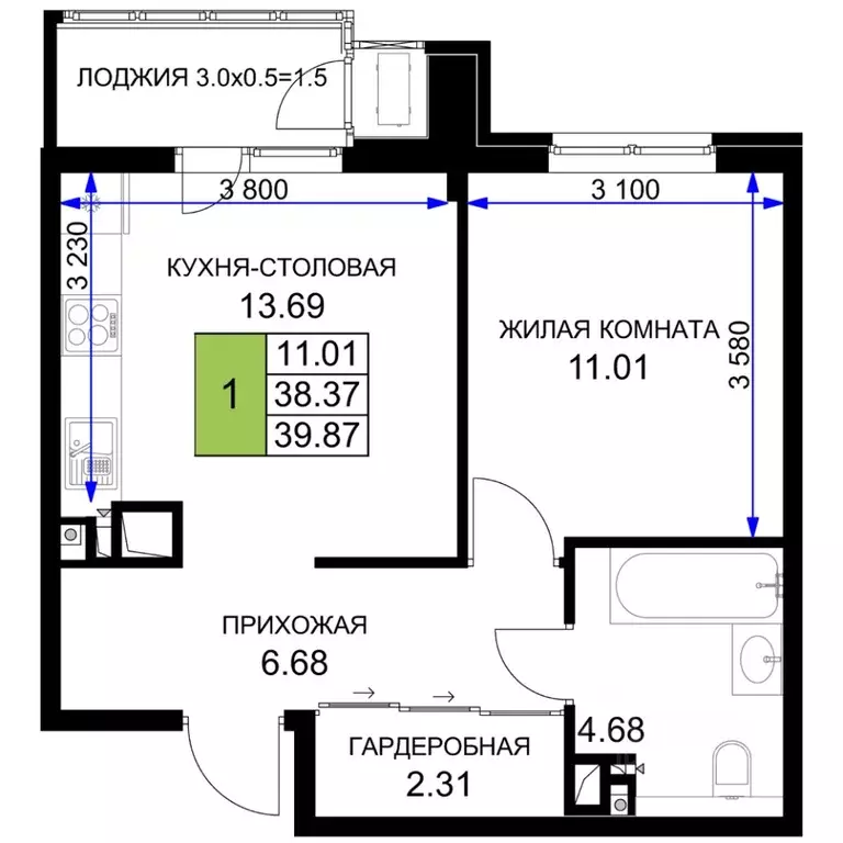 1-к кв. Краснодарский край, Краснодар  (39.87 м) - Фото 0
