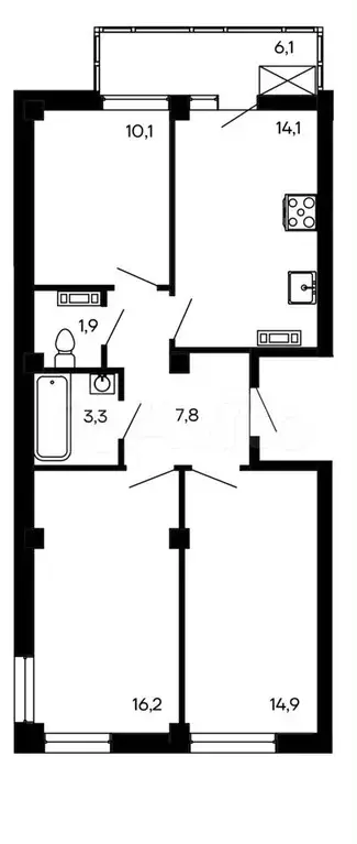 3-к. квартира, 74,4м, 9/9эт. - Фото 0