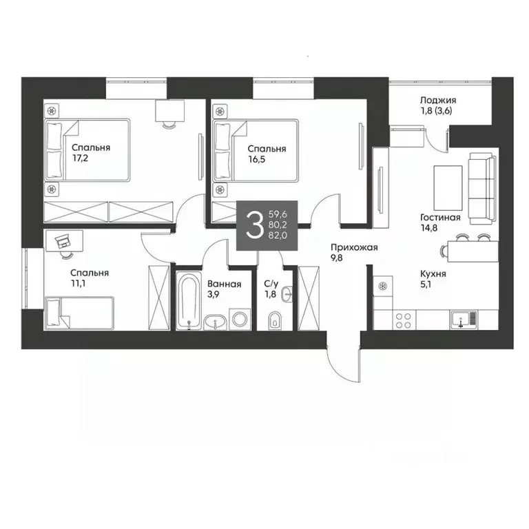 3-к кв. Татарстан, Альметьевск ул. Гафиатуллина, 60 (82.0 м) - Фото 1