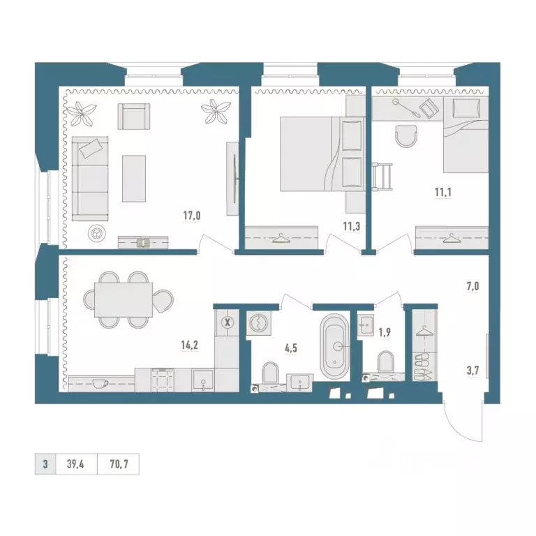3-к кв. Башкортостан, Уфа Родина Парк жилой комплекс (70.7 м) - Фото 1