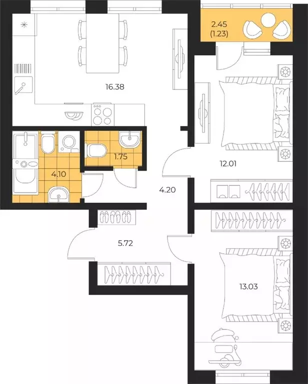 2-к кв. Сахалинская область, Южно-Сахалинск  (58.42 м) - Фото 1