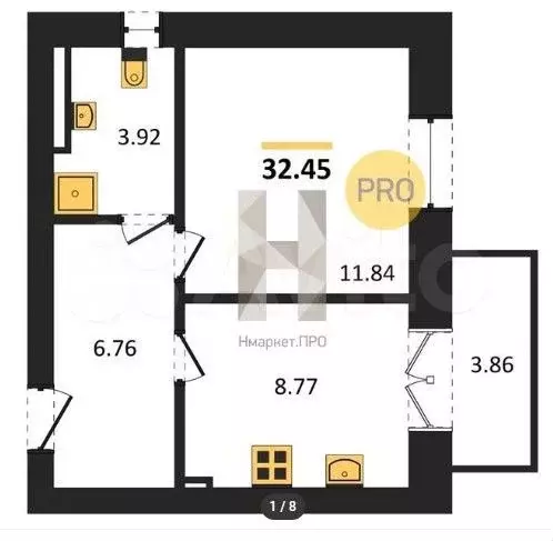 1-к. квартира, 32,5 м, 5/5 эт. - Фото 1